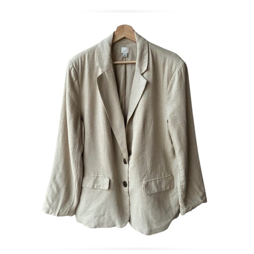 A New Day Blazer Coat Jacket Linen Blend Oatmeal Beige Notched Lapel Size Large